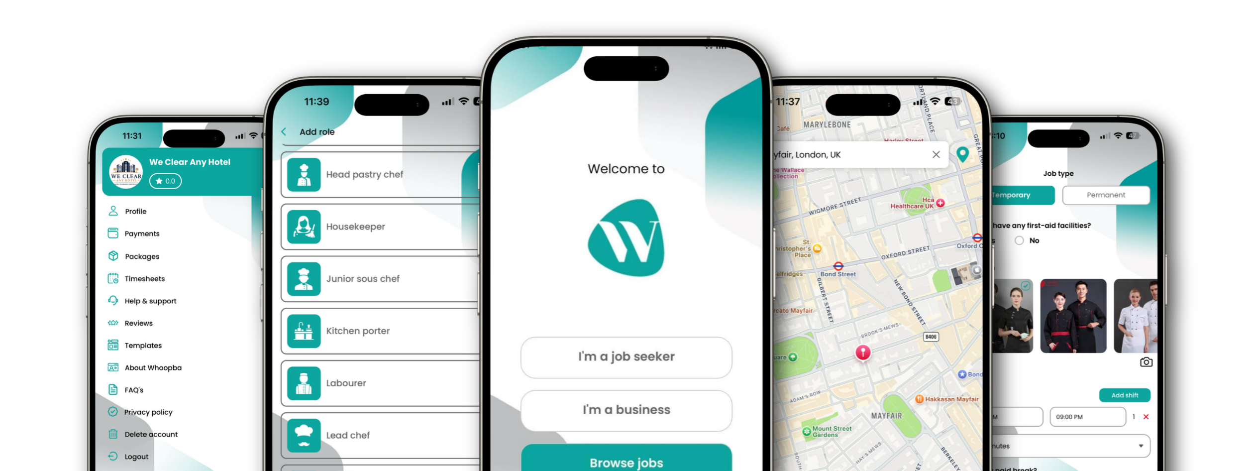 Whoopba mobile app screens